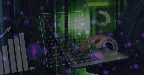 Korean Hands Typing on Laptop in Green Server Rack Binary HUD Cybersecurity Visualization