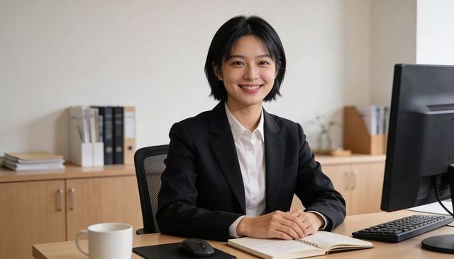 Smiling professional at desk presenting animated business charts on computer for meeting
