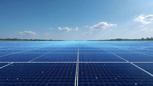 Expansive solar farm stretching to horizon with symmetrical photovoltaic panels