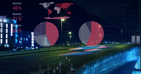Technology and Financial Data Visualization Over Night Cityscape