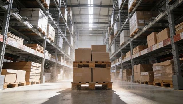 Pallets holding sealed cardboard boxes in sunlit industrial warehouse aisle with dust