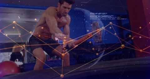 Athletic Man Engaging in Intense Battle Rope Workout with Tech Overlay