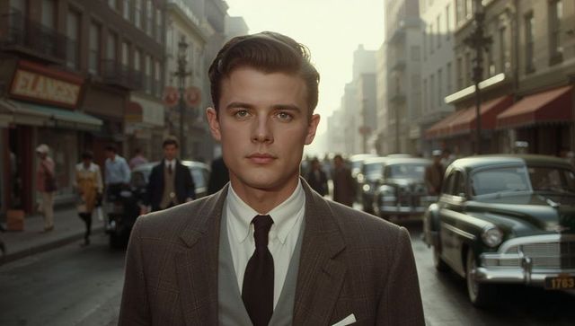 Young man standing in midcentury downtown wearing three-piece suit and tie, vintage cars