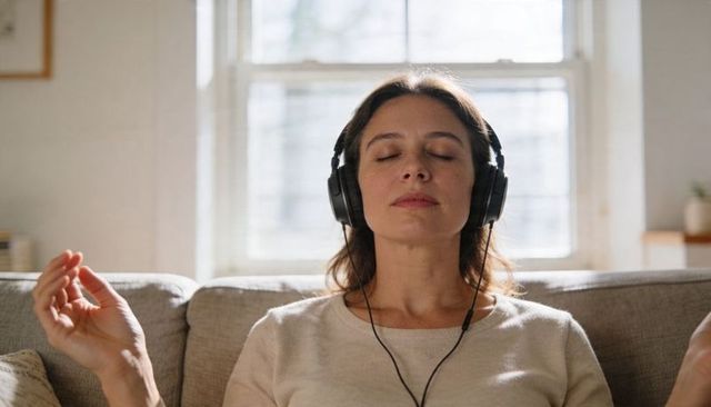 Woman meditating with headphones on sofa by window, mindfulness and relaxation at home