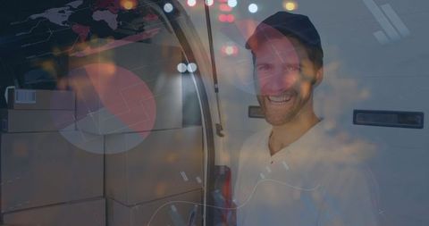 Smiling delivery man with van and technological overlay