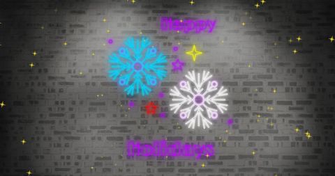Festive Neon Holiday Greetings with Snowflakes on Brick Wall