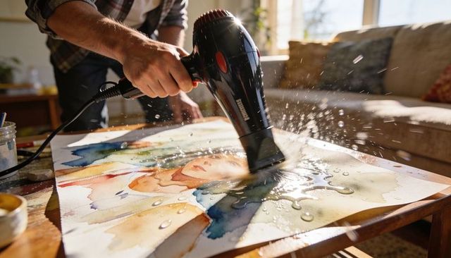 Artist drying watercolor portrait with hair dryer splashing water under sunlit window