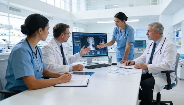 Multidisciplinary medical team reviewing skull ct scan during radiology consultation
