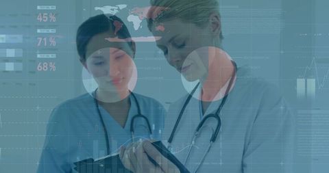 Female Doctors Analyzing Data with Advanced Technology Overlays