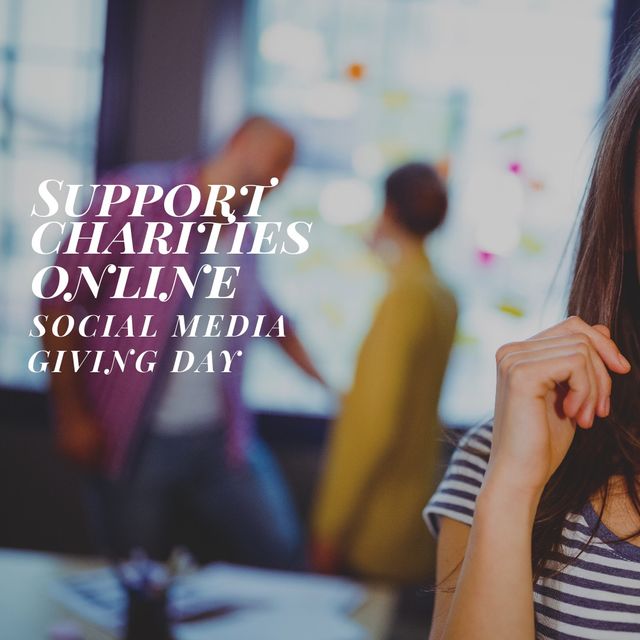 Support charities online text with cropped young woman, copy space. support charities online, social media giving day, wireless technology, lifestyles, social media giving day.