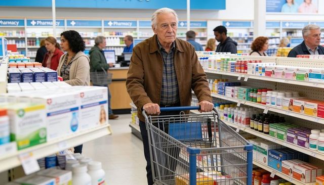 Senior man shopping in pharmacy aisle pushing cart and browsing otc vitamins shelves