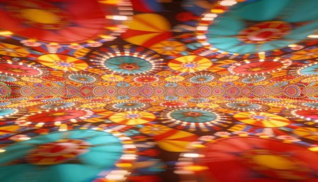 Glowing kaleidoscope tunnel with mirrored circles and luminous neon disc patterns