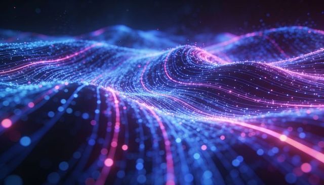 Neon particle wave mesh flowing across virtual grid, futuristic data stream visualization