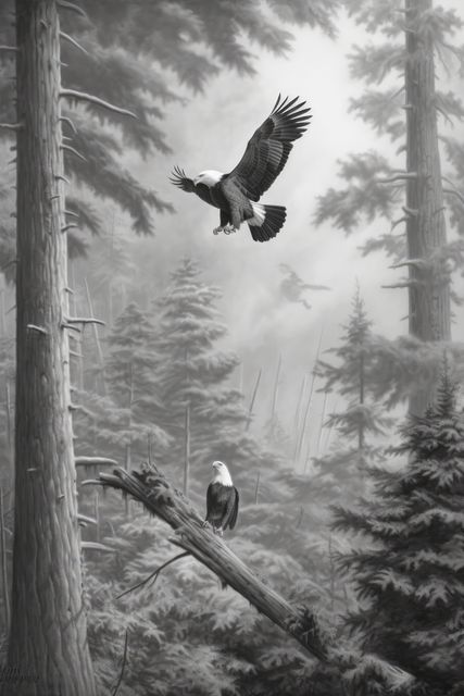An eagle descends through a misty forest setting. Tall trees and a perched eagle create a serene outdoor scene.