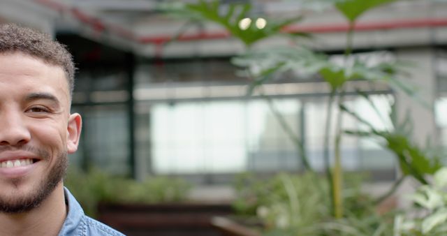 Smiling Man in Modern Open Office with Green Plants - Download Free Stock Images Pikwizard.com