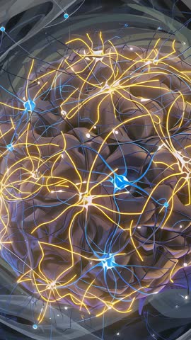 Animating neural network cluster pulsing filaments glowing synapses in vertical tech loop