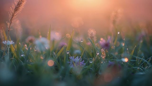 Dew-kissed meadow sunrise with purple wildflowers, dew drops and golden bokeh