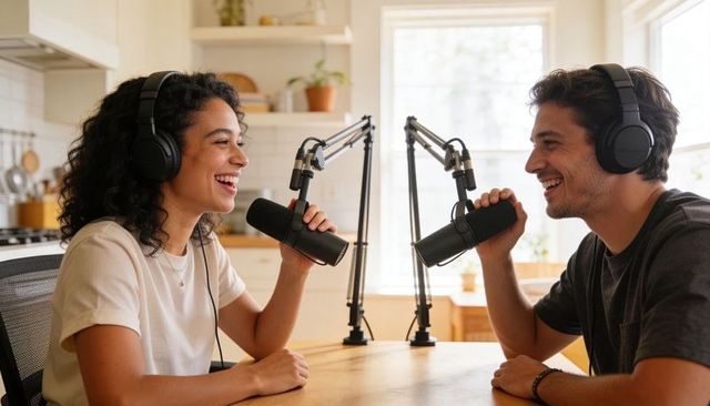 Two hosts recording podcast in bright home kitchen with professional microphones