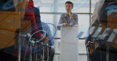 Business Professional Giving Presentation with Innovative Graphic Overlays