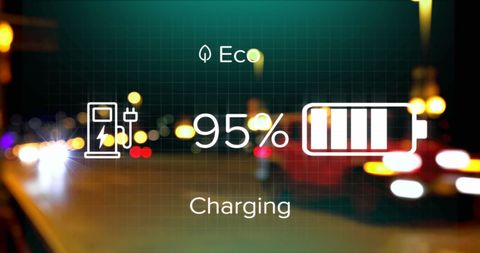 Digital charging interface with battery icon over city lights
