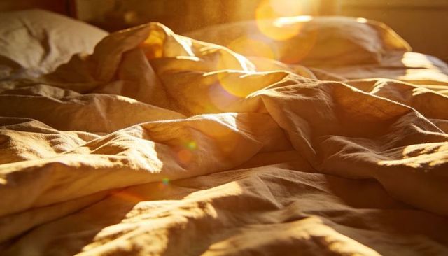 Golden morning light streaming over rumpled linen duvet showcasing warm fabric texture