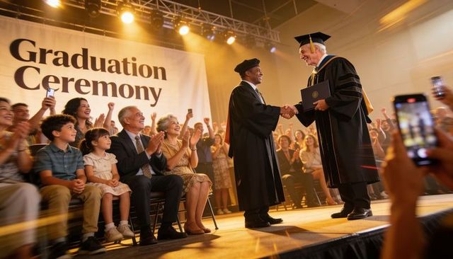 Graduate shaking hands with university official on stage at graduation ceremony
