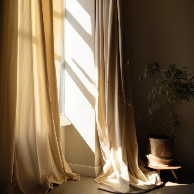 Beige curtains hanging in room with window, created using generative ai technology - Download Free Stock Photos Pikwizard.com