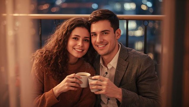 Romantic couple sharing coffee on balcony at night with city lights and cozy atmosphere