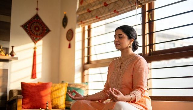 Meditating woman on sunlit window bench wearing peach kurta, serene home mindfulness scene