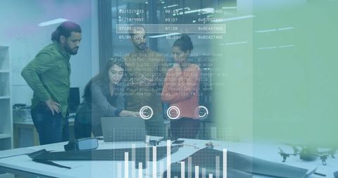 Team analyzing augmented reality data with drone components