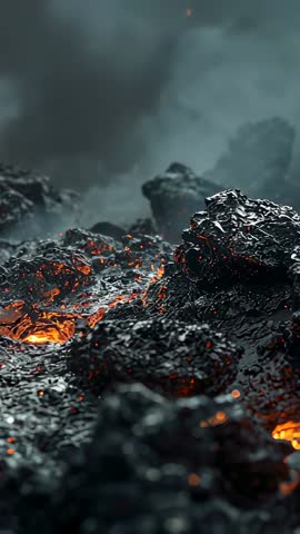 Vertical volcanic closeup video tilting over glassy lava crust revealing glowing embers