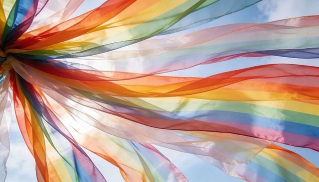 Sheer rainbow ribbons fluttering through sunlit blue sky, backlit knot