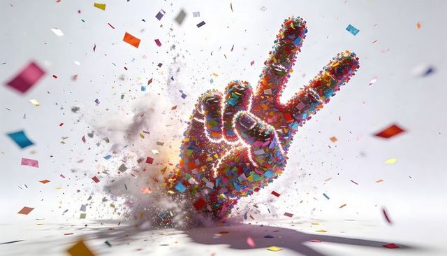 Bursting multicolor confetti peace sign hand exploding into colorful celebration 3d sculpture