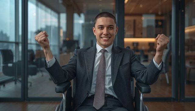 Wheelchair businessman celebrating career victory in modern office, confident leadership