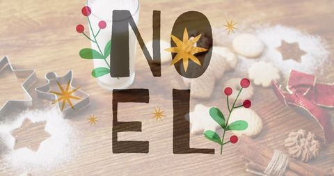Festive noel text over christmas cookies with holiday decor