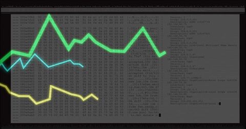 Displaying neon line graphs over hex dump and terminal log on widescreen monitor