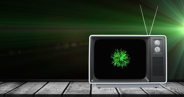 Retro TV With Green Firework Display on Wooden Floor - Download Free Stock Images Pikwizard.com