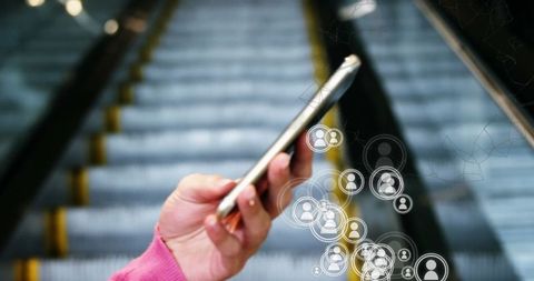 Woman Using Smartphone with Social Network Icons Overlay