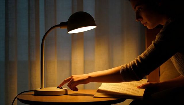 Woman pressing bedside lamp while reading paperback in cozy evening reading nook
