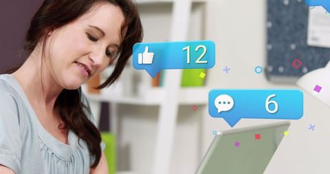 Woman Using Laptop with Social Media Counter Bubbles