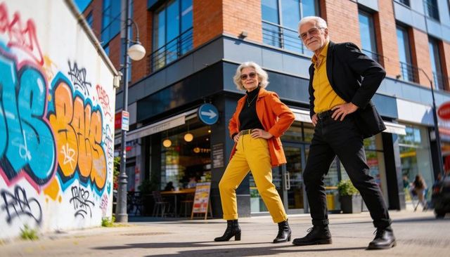 Senior couple posing in bold yellow and orange fashion on urban street with vibrant graffiti