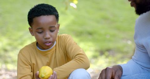 African american father and son examining lemon outdoors during gentle bonding moment