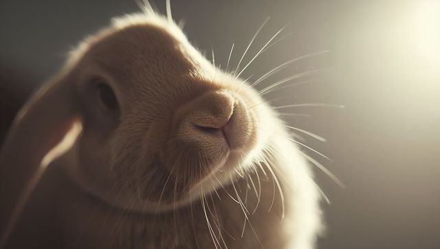Light brown rabbit tilting head under warm rim light closeup portrait with whisker detail