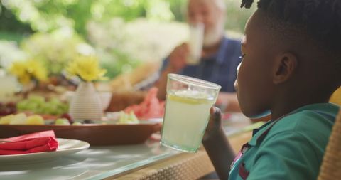 Happy afrian american boy drinking juice at family dinner table in sunny garden, copy space - Download Free Stock Photos Pikwizard.com