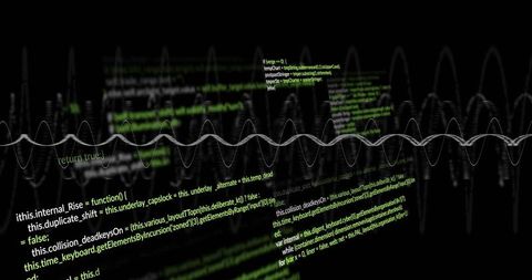 White Sine Wave Cutting Through Floating Green Code on Black Tech Background