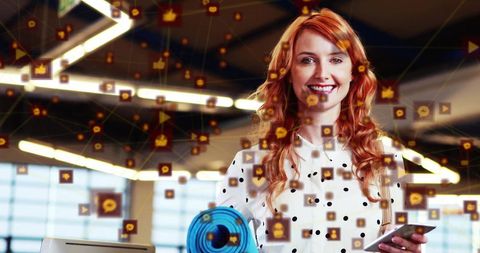 Woman Engaged with Digital Content and Networking Symbols