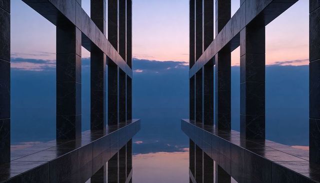 Symmetric marble colonnade reflecting in still water at dawn framing endless horizon