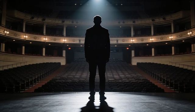 Silhouette Performer Standing Center Stage Under Spotlight in Empty Historic Theater