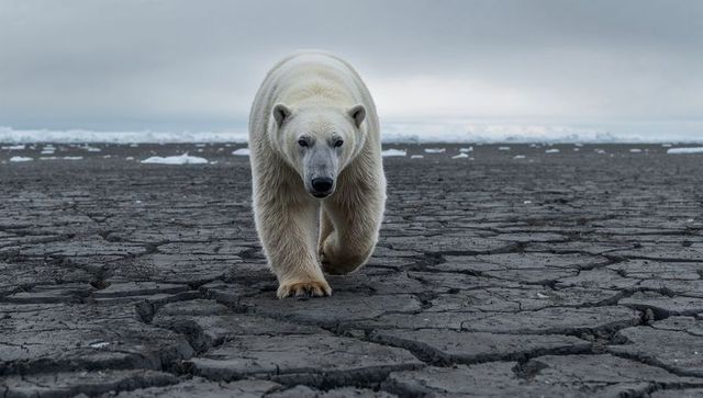 Polar bear walking on cracked arctic landscape