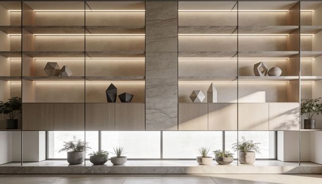Minimal marble and wood shelving with warm led lighting in contemporary lobby and planters